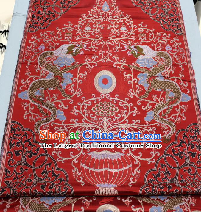 Asian Chinese Traditional Tang Suit Royal Double Dragons Pattern Red Brocade Satin Fabric Material Classical Silk Fabric