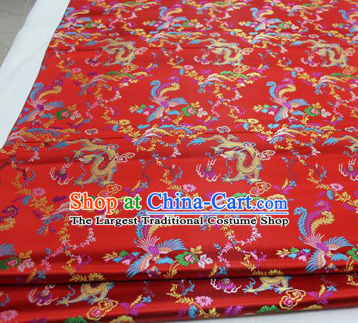 Asian Chinese Traditional Classical Dragon Phoenix Pattern Red Brocade Tang Suit Satin Fabric Material Classical Silk Fabric