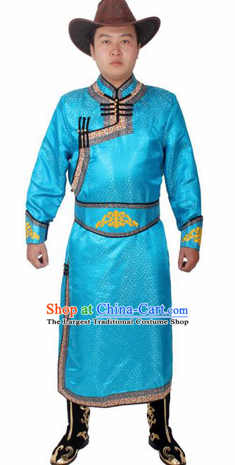 Chinese Ethnic Prince Costume Blue Mongolian Robe Traditional Mongol Nationality Folk Dance Clothing for Men