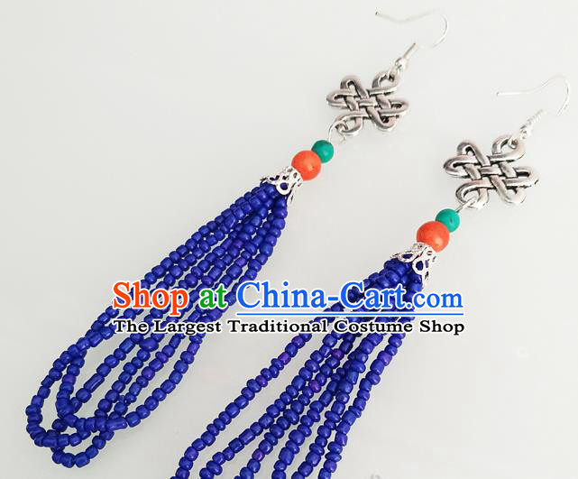 Traditional Chinese Mongol Nationality Blue Beads Ear Accessories Mongolian Ethnic Folk Dance Earrings for Women