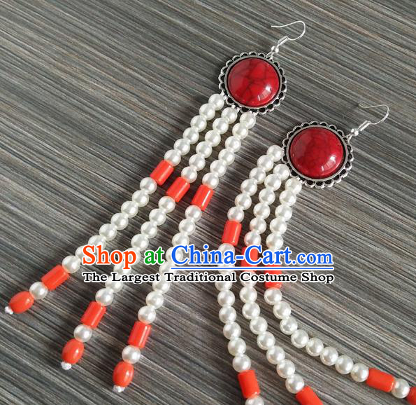 Traditional Chinese Mongol Nationality Orange Ear Accessories Mongolian Ethnic Folk Dance Earrings for Women