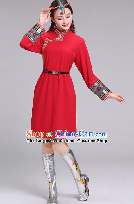 Chinese Mongolian Ethnic Costume Red Dress Traditional Mongol Nationality Folk Dance Clothing for Women