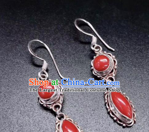 Traditional Chinese Mongol Nationality Red Ear Accessories Mongolian Ethnic Sliver Earrings for Women