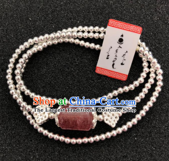 Traditional Chinese Mongol Nationality Rose Chalcedony Sliver Necklet Accessories Mongolian Ethnic Necklace for Women