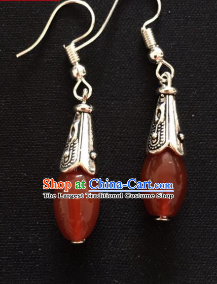 Chinese Mongol Nationality Agate Ear Accessories Traditional Mongolian Ethnic Sliver Earrings for Women