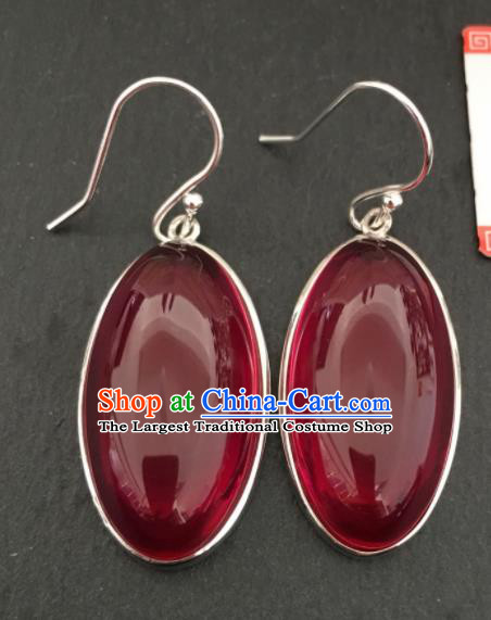 Chinese Mongol Nationality Garnet Ear Accessories Traditional Mongolian Ethnic Sliver Earrings for Women