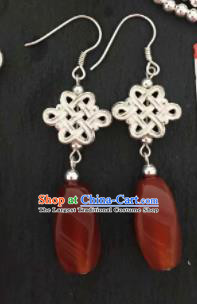 Chinese Mongol Nationality Red Agate Ear Accessories Traditional Mongolian Ethnic Earrings for Women