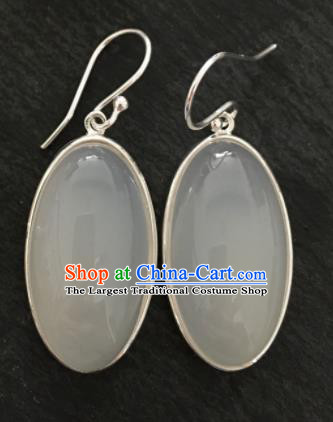 Chinese Mongol Nationality Ear Accessories Traditional Mongolian Ethnic White Chalcedony Earrings for Women