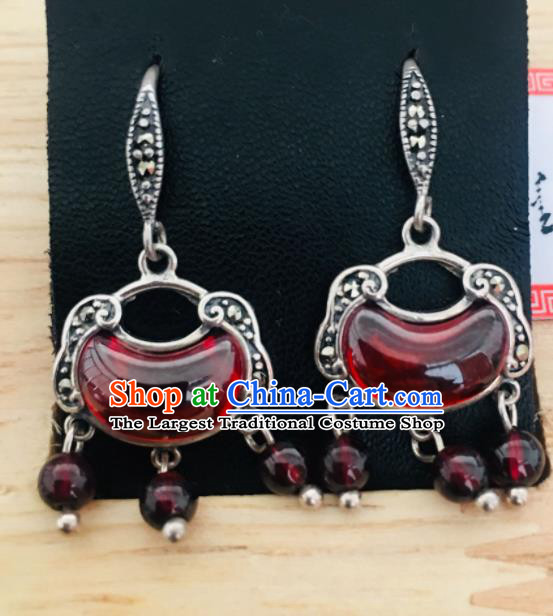 Chinese Mongol Nationality Garnet Tassel Earrings Traditional Mongolian Ethnic Ear Accessories for Women