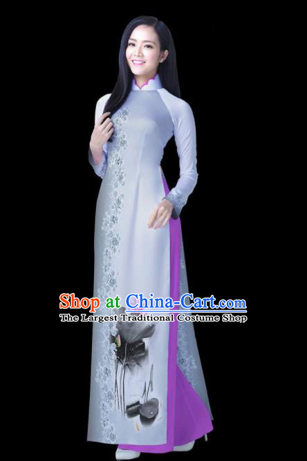 Vietnam Traditional National Ink Painting Lotus Ao Dai Dress Asian Vietnamese Cheongsam for Women