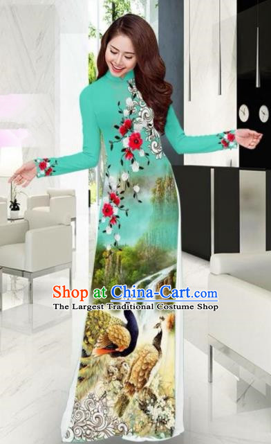 Vietnam Traditional National Printing Peacock Green Ao Dai Dress Asian Vietnamese Cheongsam for Women