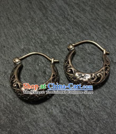 Chinese Traditional Mongol Nationality Sliver Carving Earrings Mongolian Ethnic Ear Accessories for Women