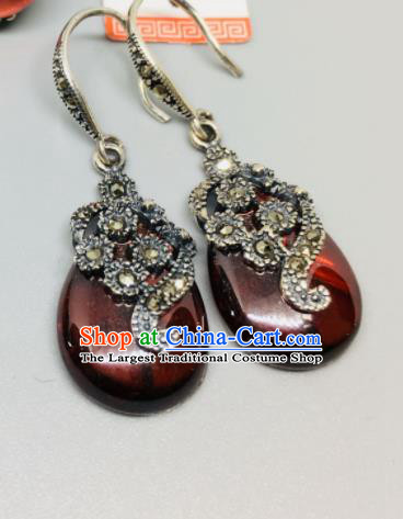 Chinese Traditional Mongol Nationality Garnet Earrings Mongolian Ethnic Ear Accessories for Women