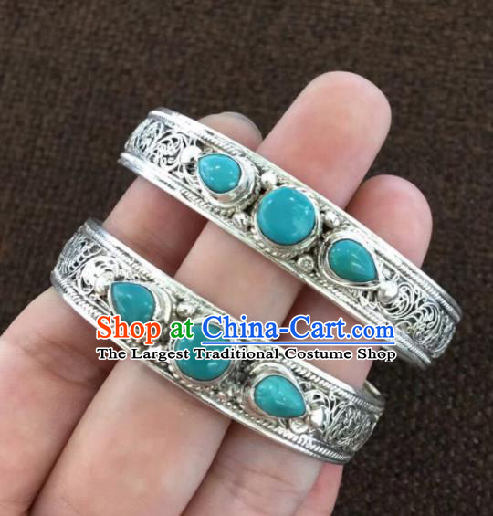 Chinese Traditional Mongol Nationality Blue Stone Bracelet Mongolian Ethnic Sliver Bangle Accessories for Women