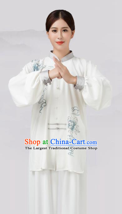 Traditional Chinese Martial Arts Competition Printing Blue Peony Costume Tai Ji Kung Fu Training Clothing for Women