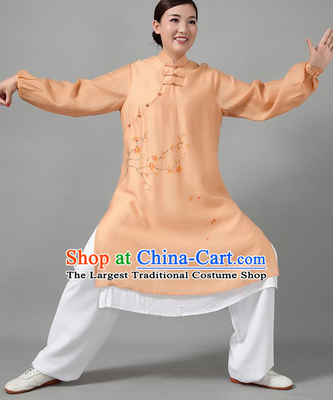 Traditional Chinese Martial Arts Printing Plum Blossom Orange Costume Tai Ji Kung Fu Competition Clothing for Women