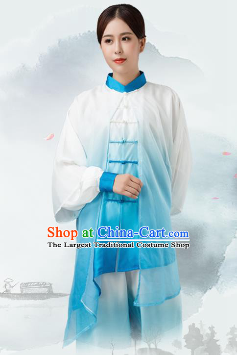 Traditional Chinese Martial Arts Blue Silk Costume Tai Ji Kung Fu Competition Clothing for Women