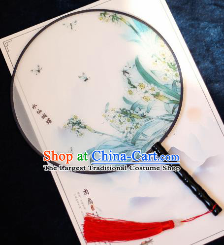 Chinese Traditional Printing Daffodil Silk Round Fans Handmade Classical Palace Fans for Women