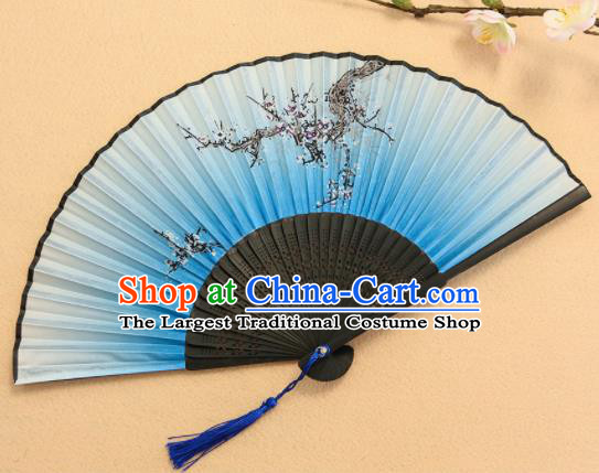 Chinese Traditional Folding Fans Classical Printing Plum Blossom Blue Accordion Silk Fans for Women