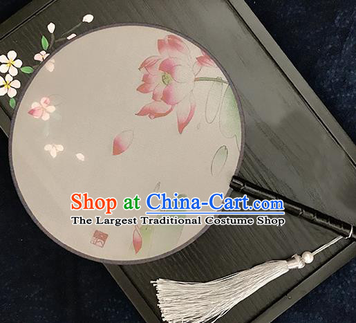 Chinese Traditional Printing Lotus Silk Round Fans Classical Hanfu Palace Fans for Women