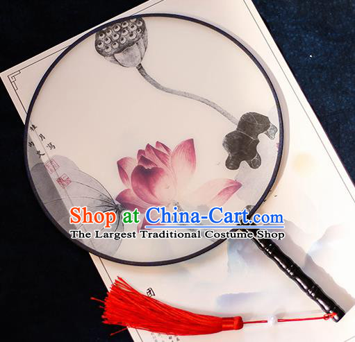 Chinese Traditional Printing Red Lotus Silk Round Fans Handmade Classical Palace Fans for Women