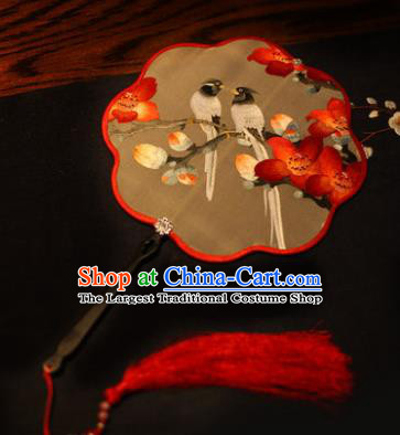 Handmade Chinese Traditional Embroidered Red Flowers Silk Fans Classical Palace Fans for Women