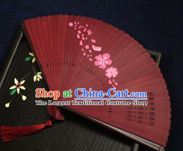 Chinese Handmade Printing Flowers Bamboo Red Fans Classical Accordion Traditional Folding Fans for Women