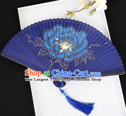 Chinese Handmade Printing Peony Blue Bamboo Fans Classical Accordion Traditional Folding Fans for Women