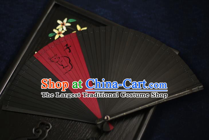 Chinese Handmade Carving Zodiac Rat Bamboo Fans Classical Accordion Traditional Folding Fans for Women