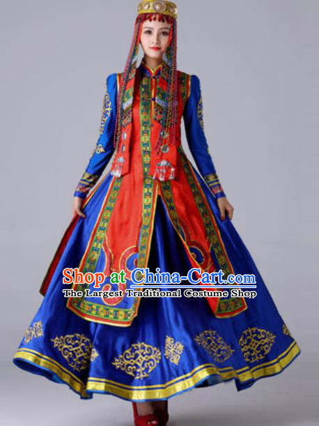 Chinese Traditional Ethnic Princess Costume Mongolian Nationality Folk Dance Blue Dress for Women