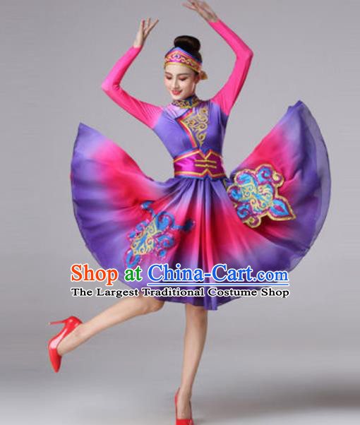 Chinese Traditional Ethnic Princess Costume Mongolian Nationality Folk Dance Purple Short Dress for Women