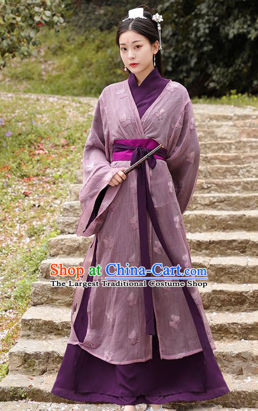 Chinese Ancient Swordswoman Purple Hanfu Dress Jin Dynasty Nobility Lady Princess Historical Costume for Women