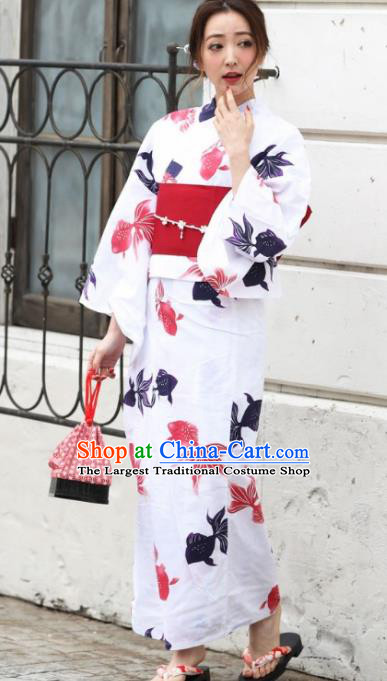 Japanese Traditional Handmade Printing Goldfish Kimono Dress Asian Japan Geisha Yukata Costume for Women