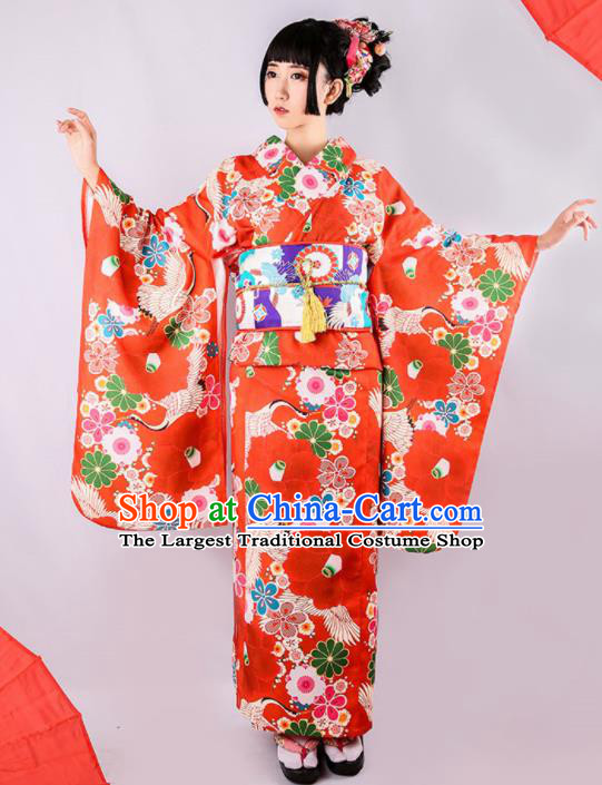 Japanese Traditional Handmade Printing Furisode Kimono Dress Asian Japan Geisha Red Yukata Costume for Women