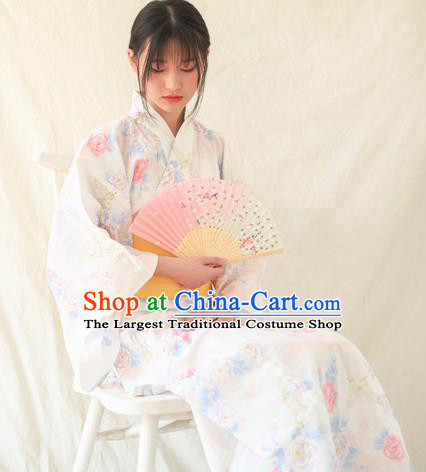 Japanese Traditional Handmade Printing Roses Furisode Kimono White Dress Asian Japan Geisha Yukata Costume for Women