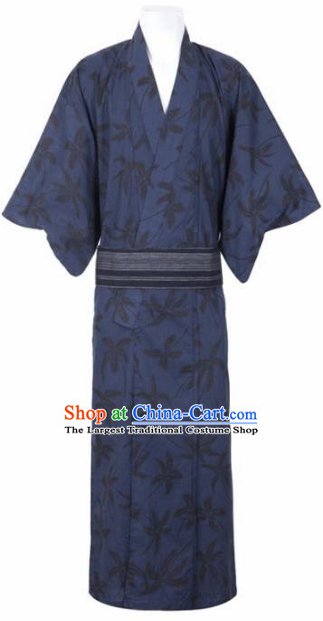 Traditional Japanese Samurai Printing Flowers Navy Kimono Robe Asian Japan Handmade Warrior Yukata Costume for Men