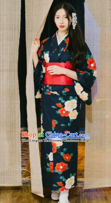 Handmade Japanese Geisha Printing Black Kimono Dress Asian Japan Traditional Yukata Costume for Women