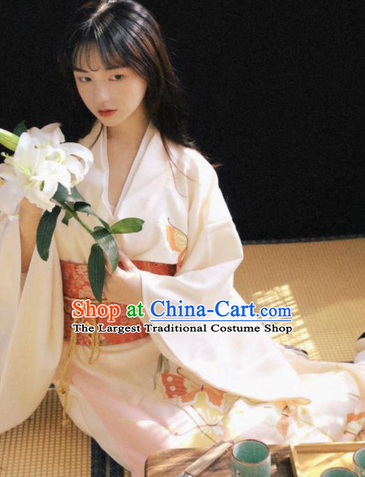 Handmade Japanese Geisha Printing White Furisode Kimono Dress Asian Japan Traditional Yukata Costume for Women