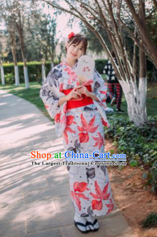 Handmade Japanese Geisha Printing Goldfish Furisode Kimono Dress Asian Japan Traditional Yukata Costume for Women