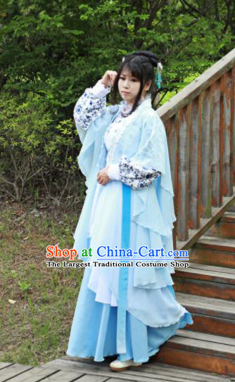 Chinese Traditional Cosplay Peri Princess Costume Ancient Swordswoman Blue Hanfu Dress for Women