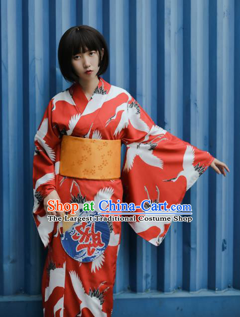 Japanese Traditional Handmade Furisode Kimono Red Dress Asian Japan Geisha Yukata Costume for Women