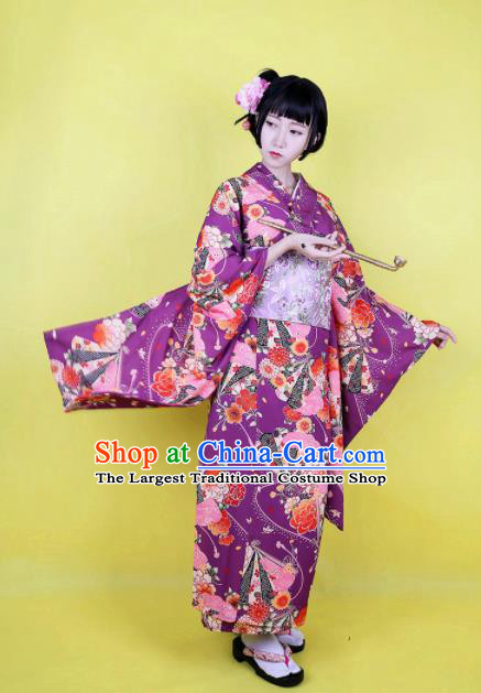 Japanese Traditional Handmade Furisode Kimono Purple Dress Asian Japan Geisha Yukata Costume for Women