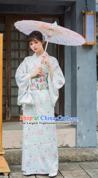 Handmade Japanese Traditional Costume Geisha Light Blue Furisode Kimono Dress Asian Japan Yukata for Women