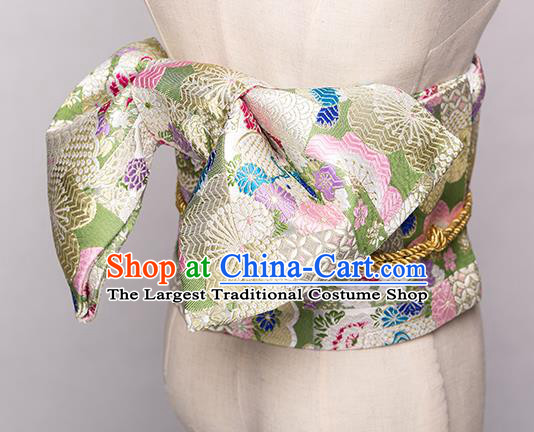 Japanese Traditional Handmade Kimono Belts Asian Japan Geisha Yukata Green Brocade Waistband for Women