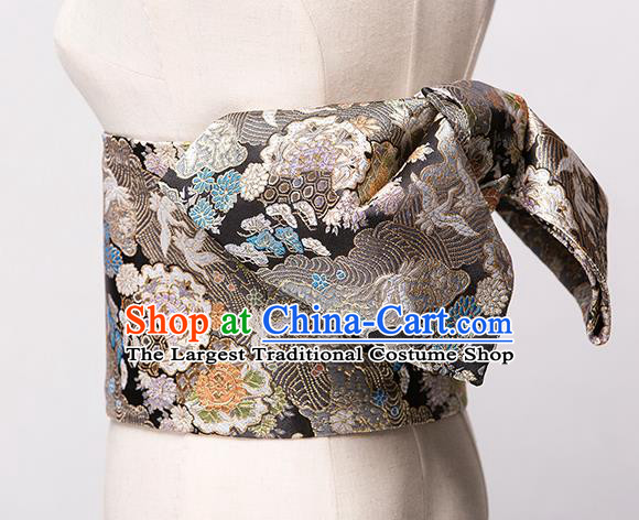 Japanese Traditional Handmade Kimono Belts Asian Japan Geisha Yukata Black Brocade Waistband for Women