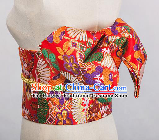 Japanese Traditional Kimono Red Brocade Embroidered Belts Asian Handmade Japan Geisha Yukata Waistband for Women