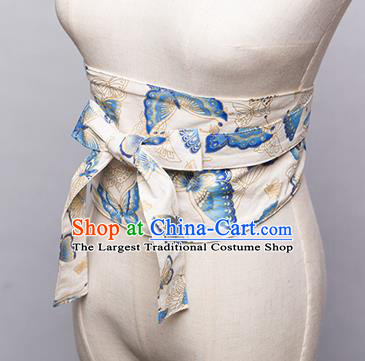 Japanese Traditional Kimono Printing Butterfly White Belts Asian Handmade Japan Geisha Yukata Waistband for Women