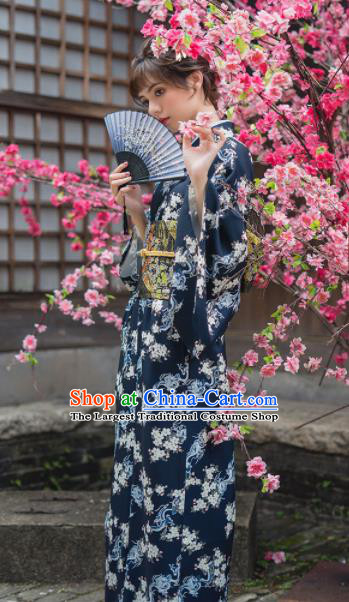 Handmade Japanese Traditional Costume Printing Navy Furisode Kimono Dress Asian Japan Yukata for Women