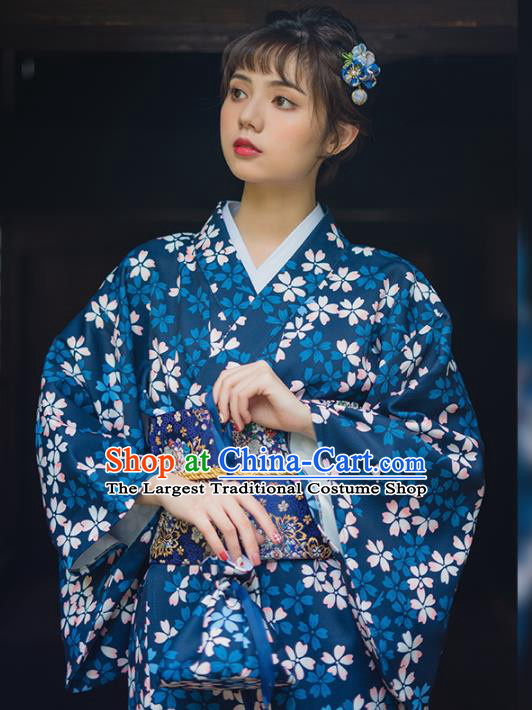 Handmade Japanese Traditional Costume Printing Sakura Blue Furisode Kimono Dress Asian Japan Yukata for Women