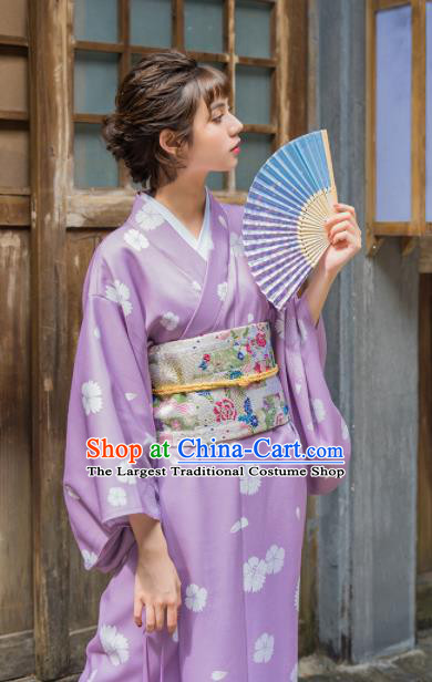 Handmade Japanese Traditional Costume Printing Violet Furisode Kimono Dress Asian Japan Yukata for Women